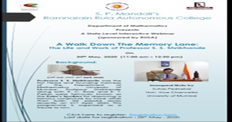 State Level Webinar -A walk down the memory lane ,The Life and work of Prof. S.S. Shrikhande